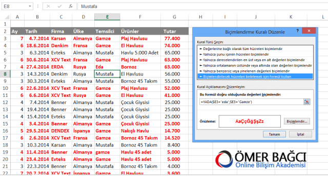 koşullu biçimlendirme