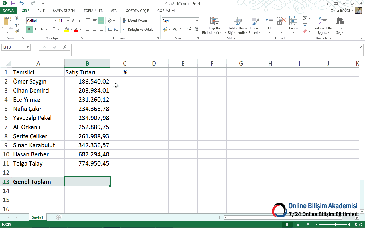 Satışlardaki % Değerini Hesaplamak