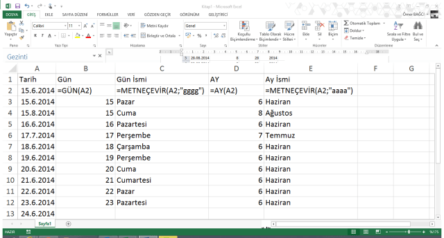 Excel'de İşlevler - Gün ve Ay işlevi