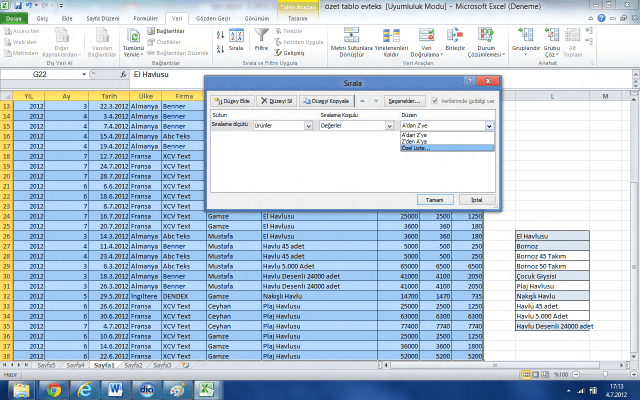 Excel'de Özel Sıralama Yapmak
