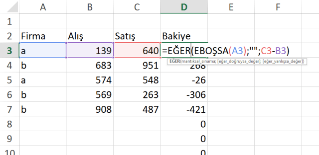 Eğer ve Eboşsa İşlevinin Kullanımı