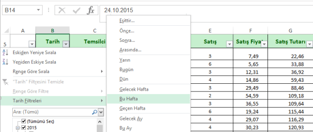 Excel'de Tarih filtrelerinin gelişmiş özellikleri