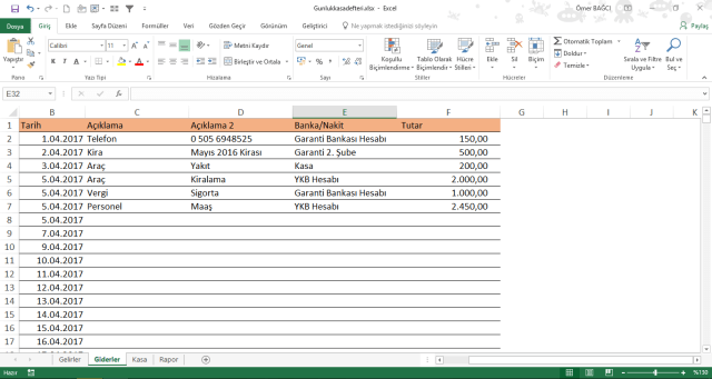 Excel de kasa tutma ömer bağcı vidoport