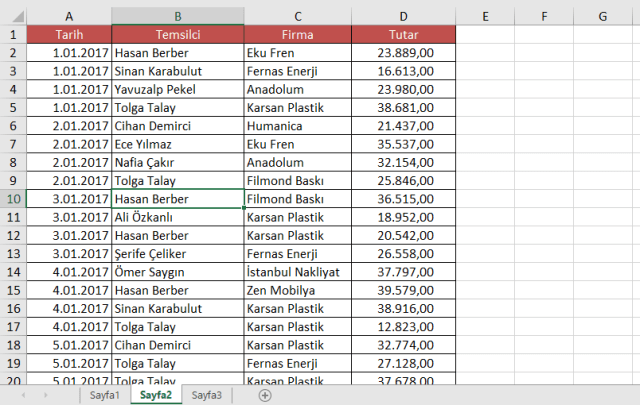 Excel'de Listeleri ve kullanımları