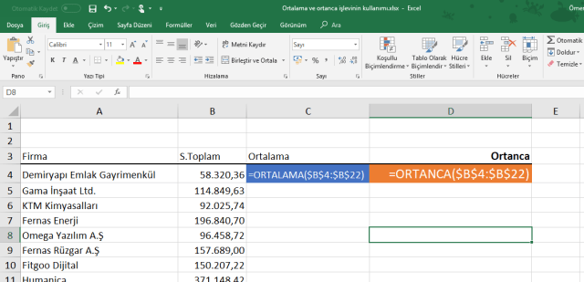 Excel Ortanca işlevinin kullanımı
