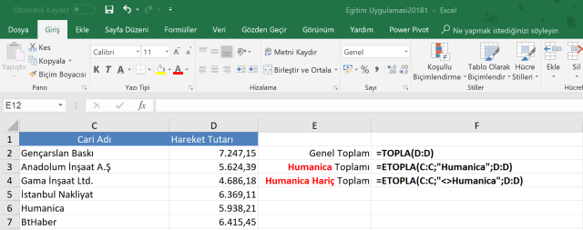 Excel'de Etopla işlevi kullanımı