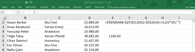 Excel'de en yüksek satışlara prim vermek