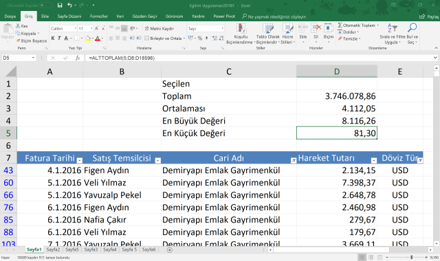 Alttoplam işlevi kullanımı