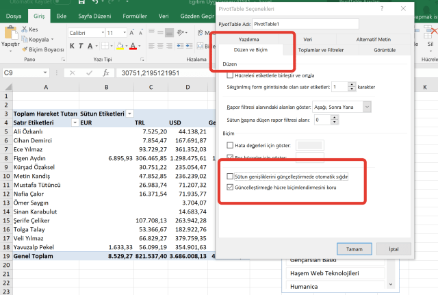 Özet Tablolarda Sütun genişliklerini otomatik ayarlamamak