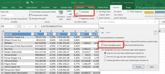 Excel'de Tabloların sütunlarının genişliğini ayarlamak