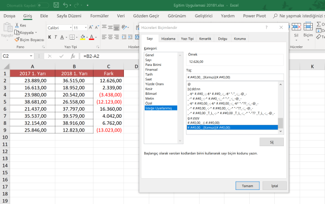 Excel'de eksi değerleri parantez içinde yazmak