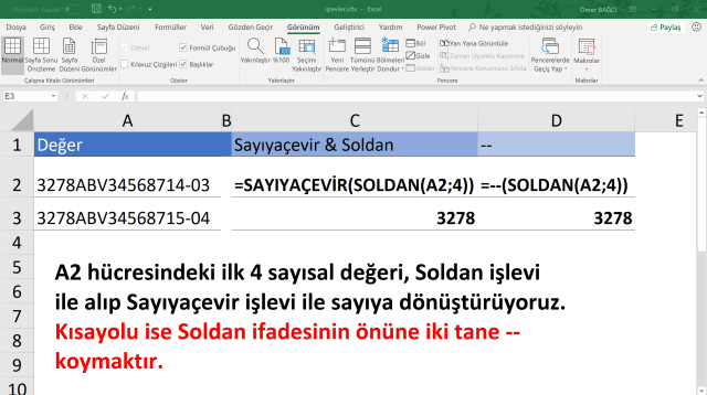 Excel'de metin görünümlü sayılar