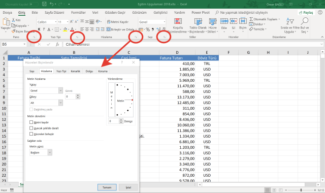 Excel'de Sekmelerin detaylarına bakmak