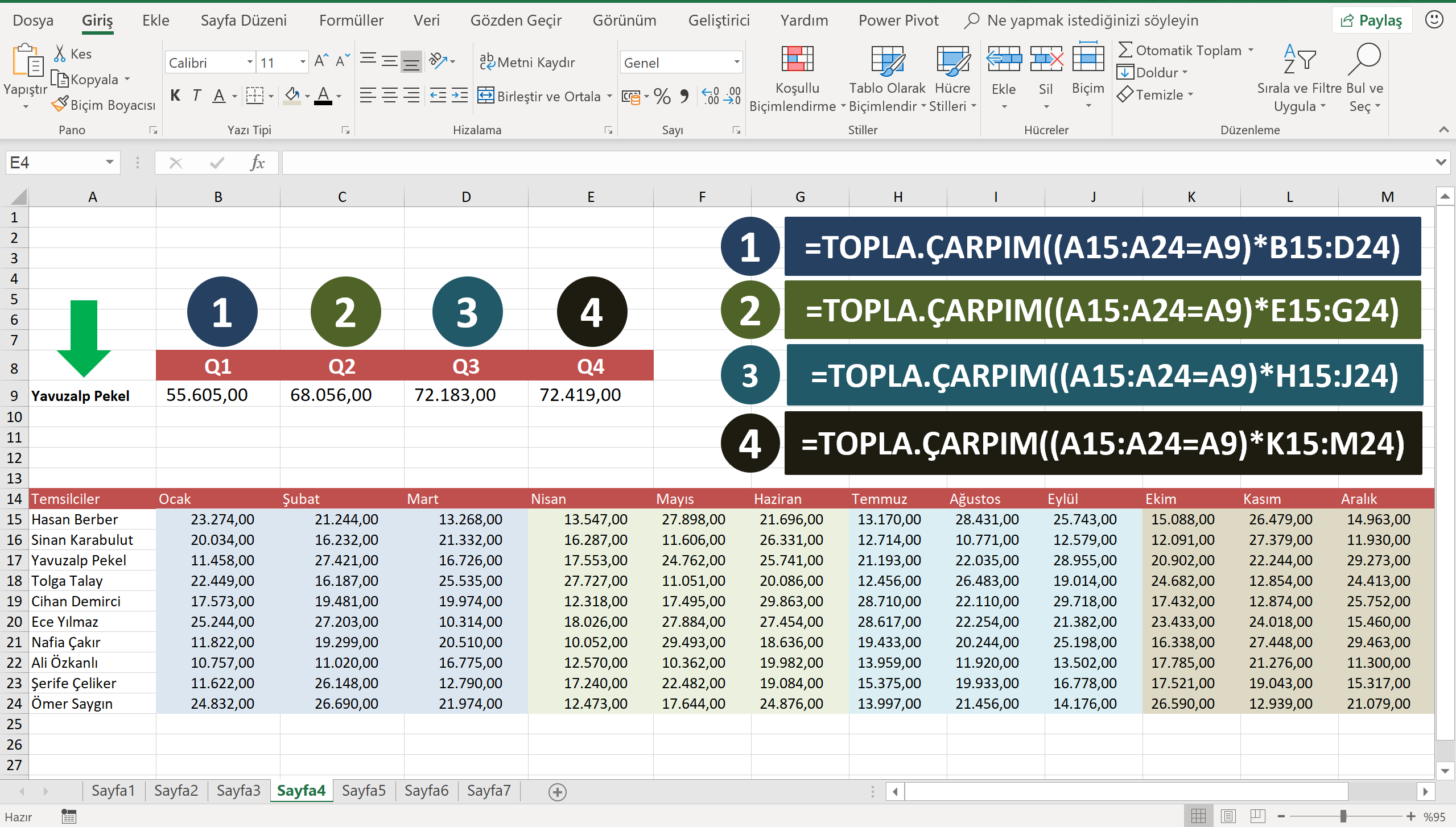 Excel'de Topla.Çarpım İşlevi kullanımı