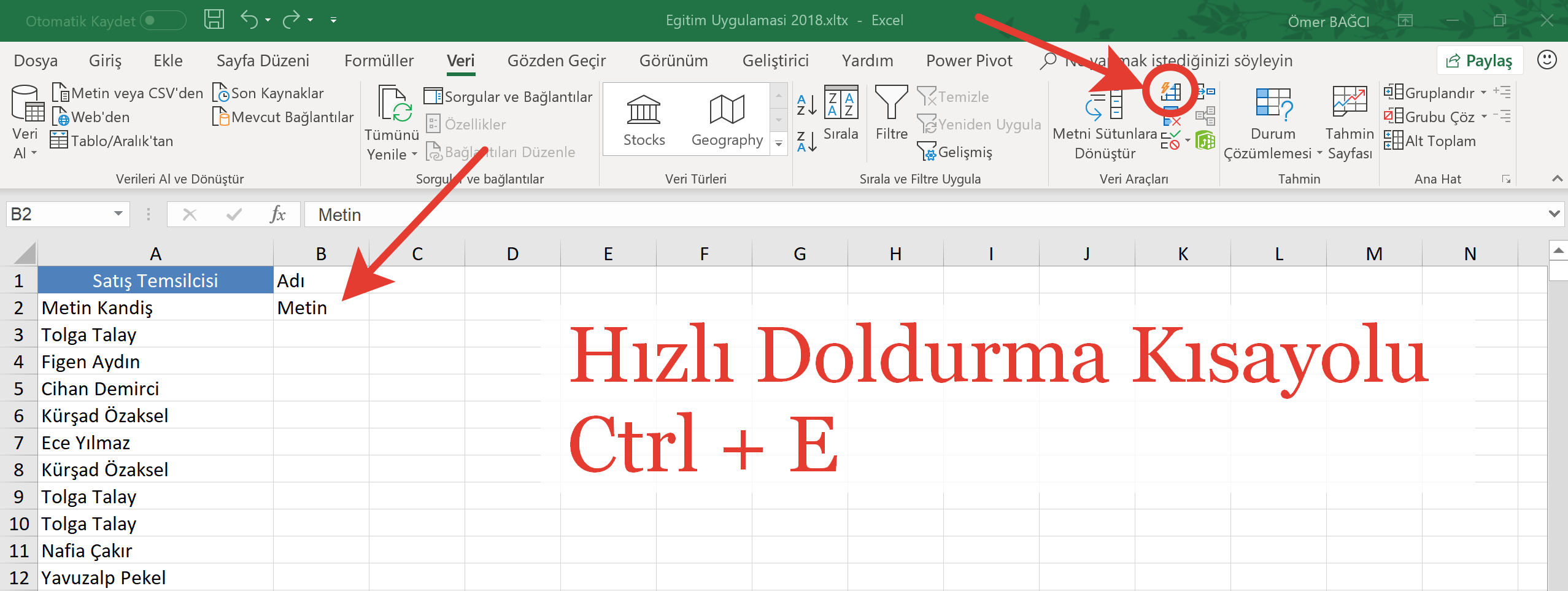 Excel'de Hızlı Doldurma Özelliğini kullanmak | Excel Eğitmeni