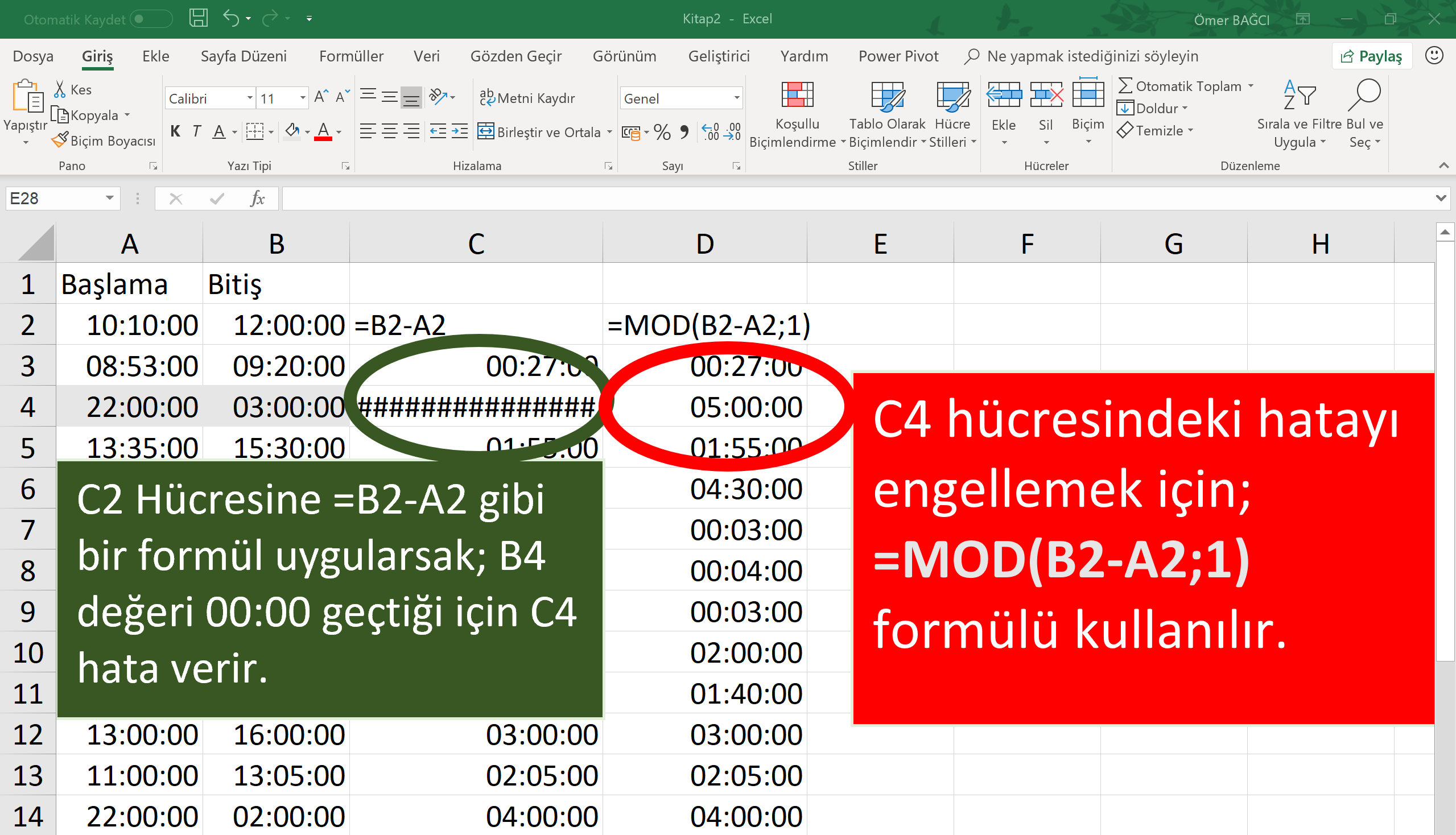 Excel'de saat hesaplaması yapmak