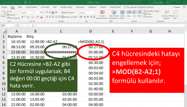 Excel'de saat hesaplaması yapmak