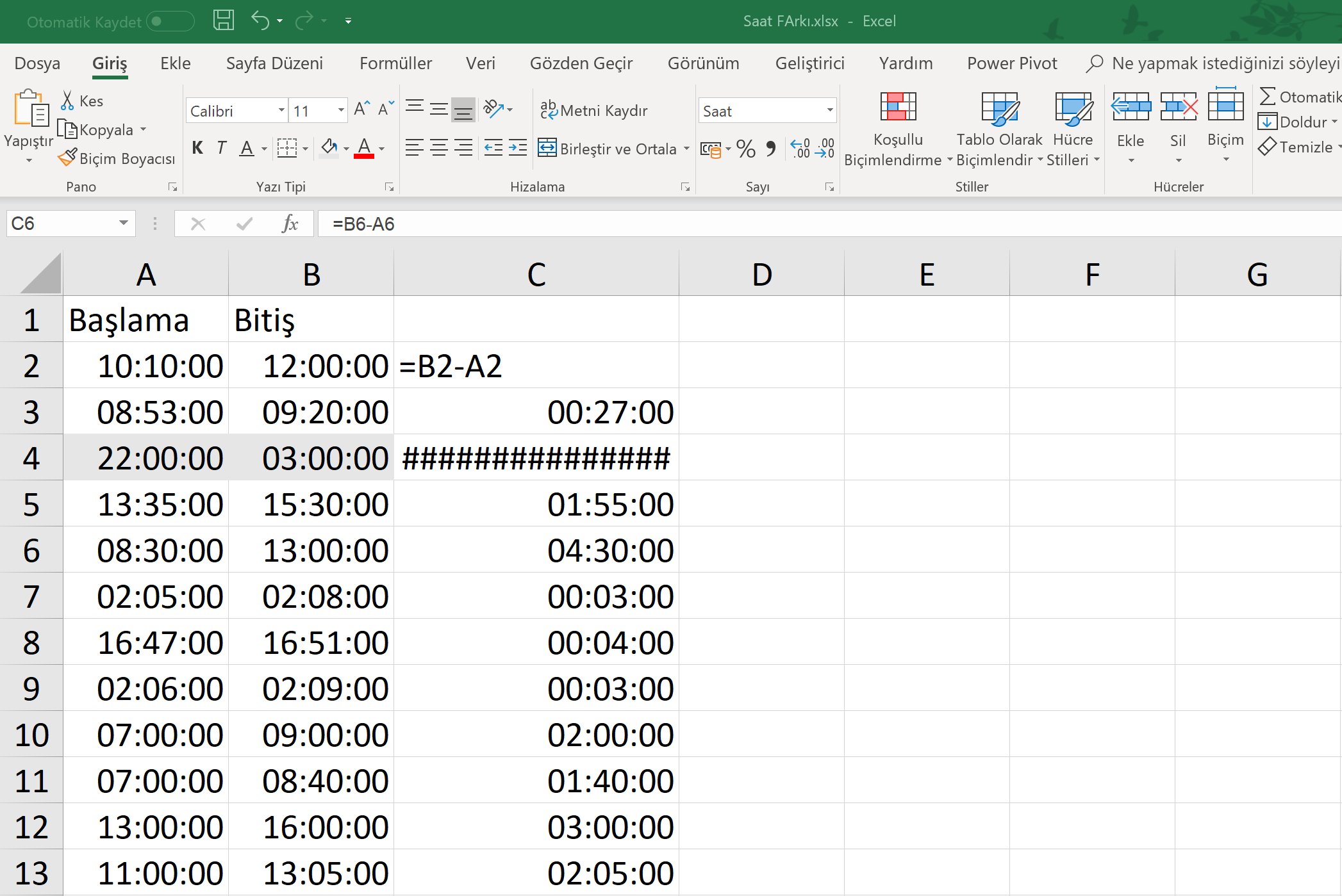 Excel de saat farkı hesaplama nasıl yapılır