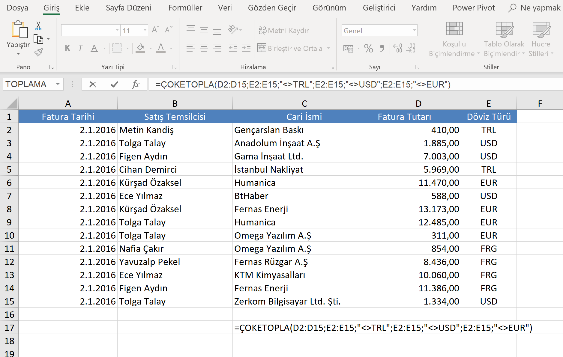 Excel'de ÇOKETOPLA İşlevi kullanımı