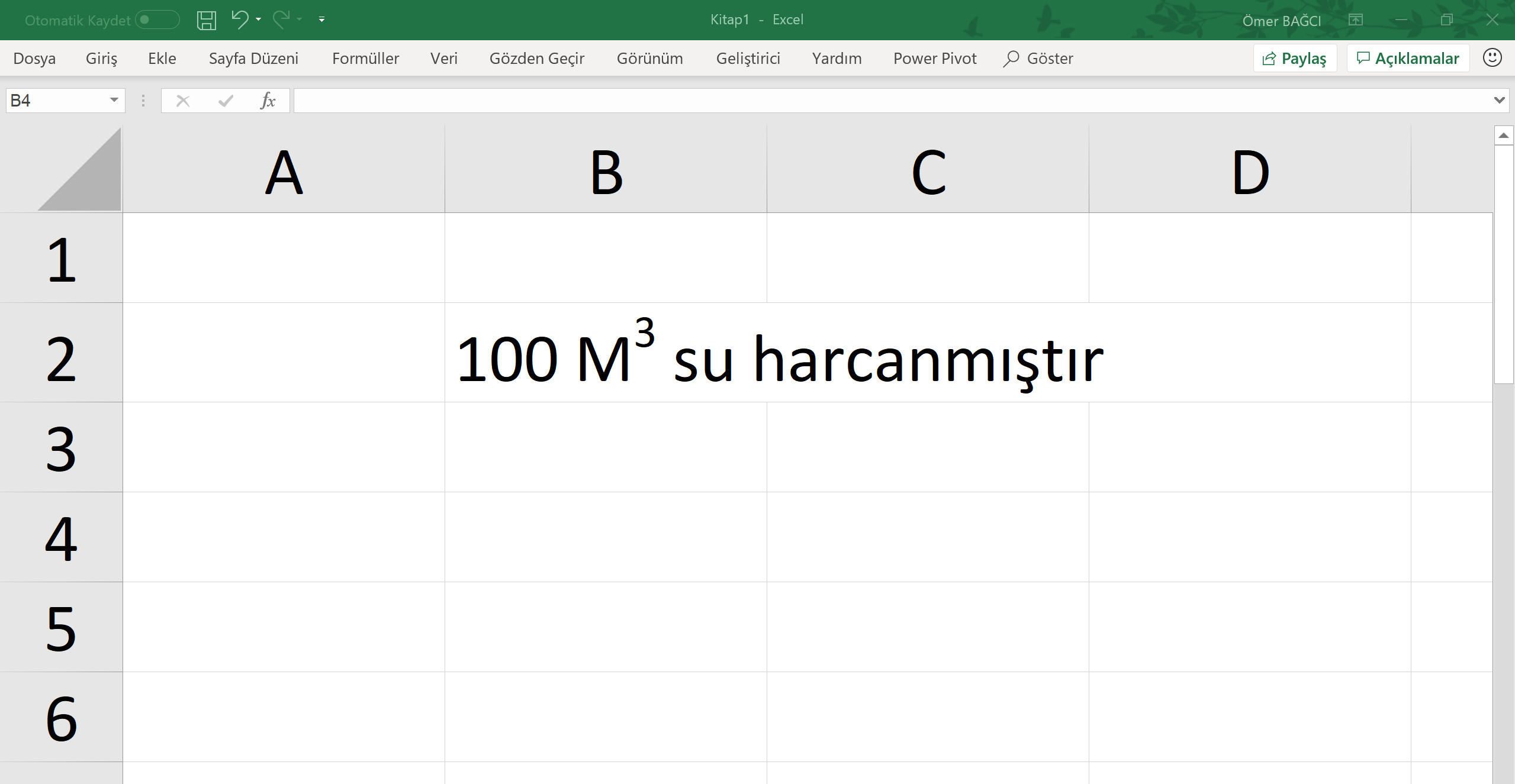 Excelde Metre kare / metre küp yazmak