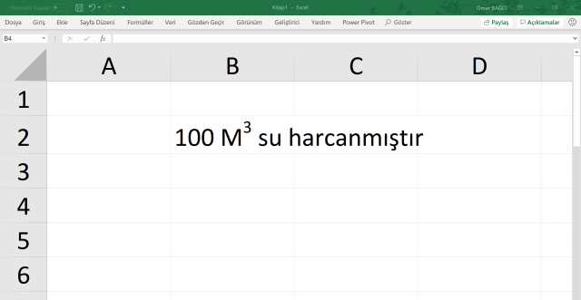 Excelde Metre kare / metre küp yazmak